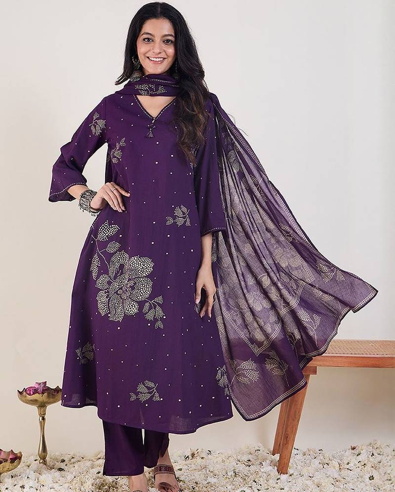 Floral Printed A-Line  Cotton Kurta With Trousers & Dupatta
