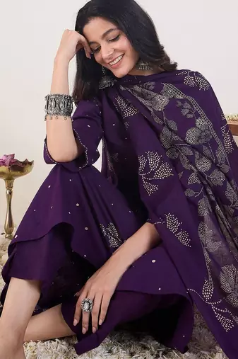 Floral Printed A-Line  Cotton Kurta With Trousers & Dupatta