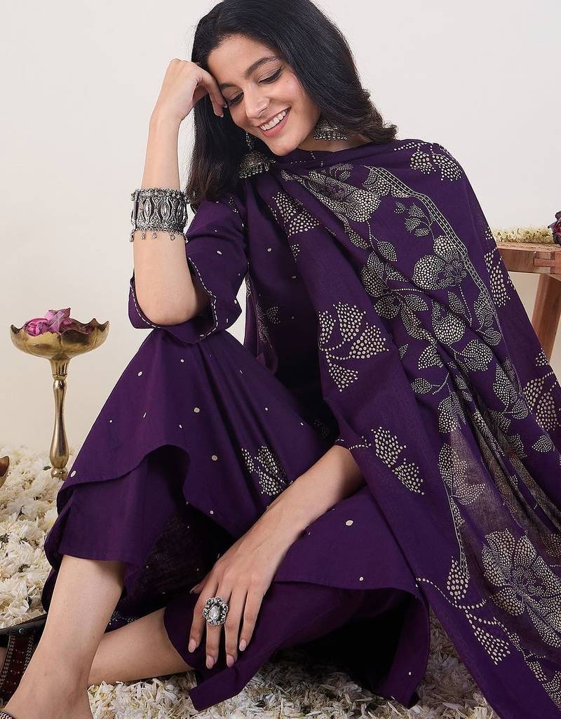 Floral Printed A-Line  Cotton Kurta With Trousers & Dupatta