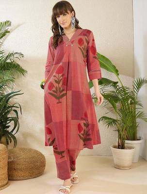Women Printed Regular  Cotton Kurta with Trousers 1