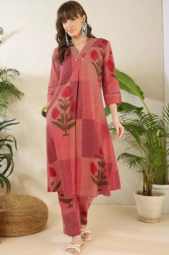 Women Printed Regular  Cotton Kurta with Trousers