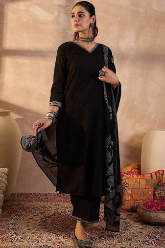 Women Ethnic Motifs Embroidered  Cotton Kurta with Trousers & Dupatta