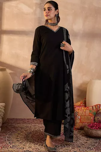 Women Ethnic Motifs Embroidered Pure Cotton Kurta with Trousers & Dupatta