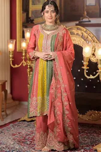 Ethnic Motifs Embroidered Panelled Sequinned A-Line Kurta With Palazzos & Dupatta