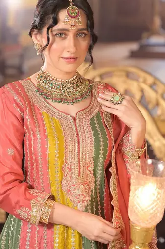 Ethnic Motifs Embroidered Panelled Sequinned A-Line Kurta With Palazzos & Dupatta