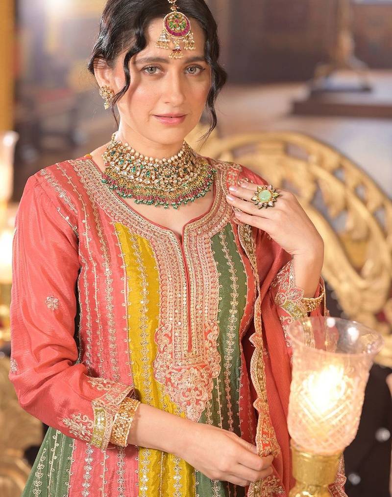 Ethnic Motifs Embroidered Panelled Sequinned A-Line Kurta With Palazzos & Dupatta