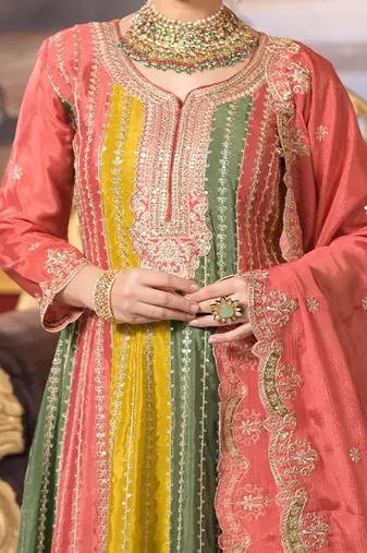 Ethnic Motifs Embroidered Panelled Sequinned A-Line Kurta With Palazzos & Dupatta