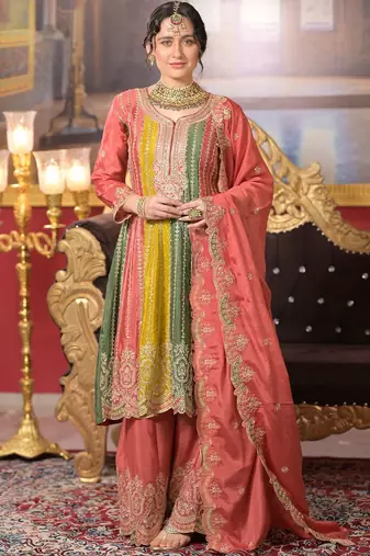 Ethnic Motifs Embroidered Panelled Sequinned A-Line Kurta With Palazzos & Dupatta