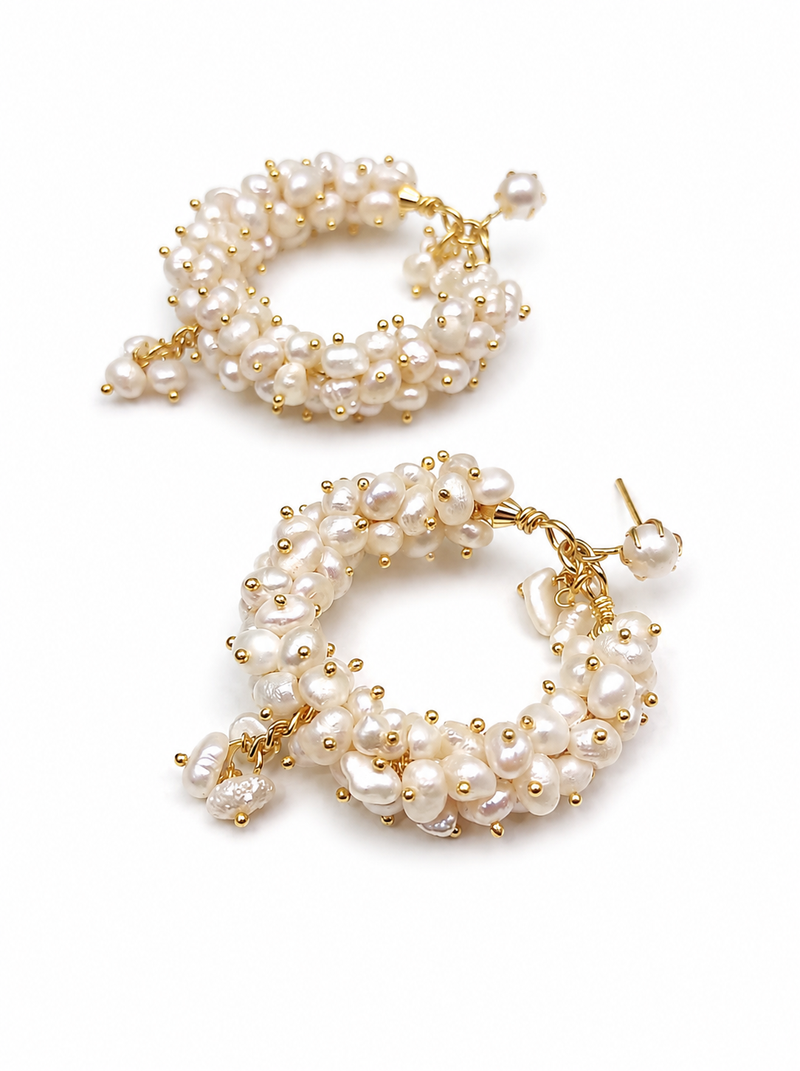 Freshwater pearl cluster hoop earrings with gold accents