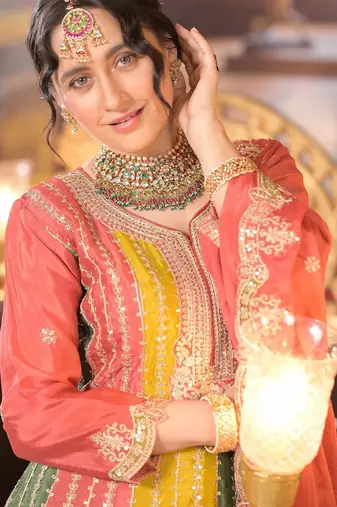 Ethnic Motifs Embroidered Panelled Sequinned A-Line Kurta With Palazzos & Dupatta