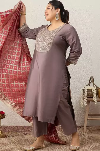 Plus Size Embroidered Regular Kurta with Trousers & With Dupatta