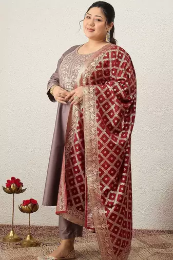 Plus Size Embroidered Regular Kurta with Trousers & With Dupatta