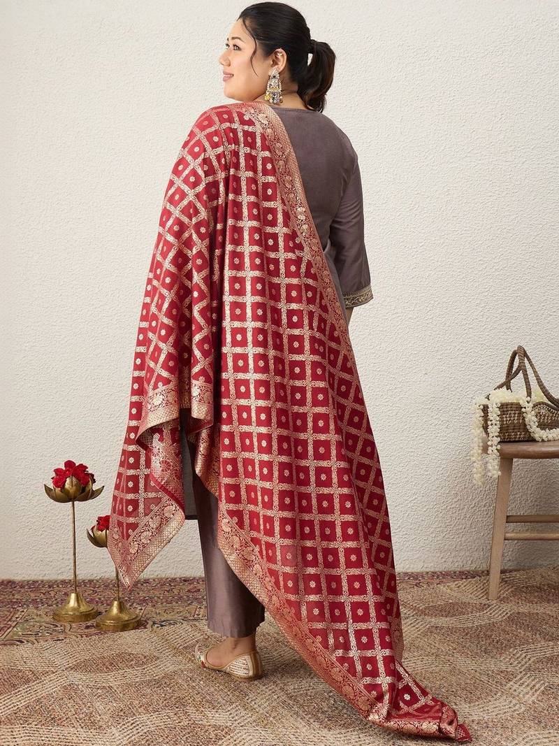 Plus Size Embroidered Regular Kurta with Trousers & With Dupatta