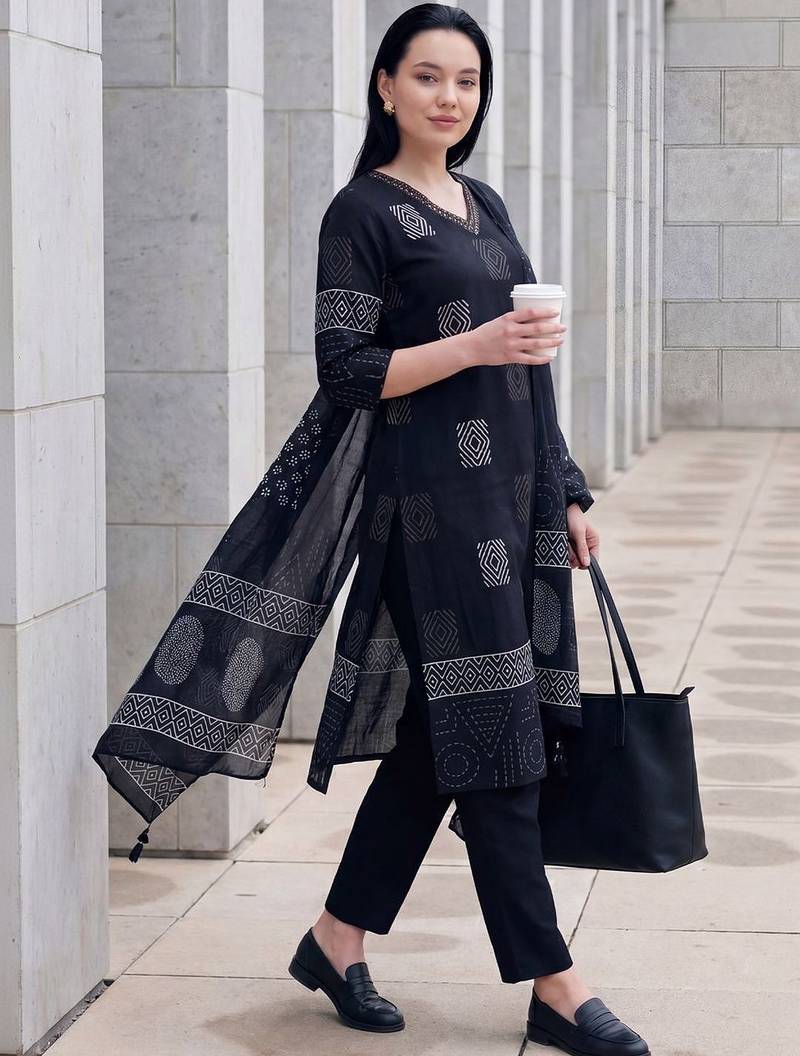 Women Printed Regular Thread Work  Cotton Kurta with Trousers & With Dupatta