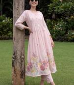Women Floral Printed Pleated Thread Work Pure Cotton Kurta with Trousers