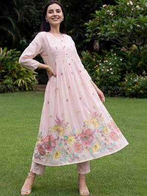 Women Floral Printed Pleated Thread Work Pure Cotton Kurta with Trousers 6