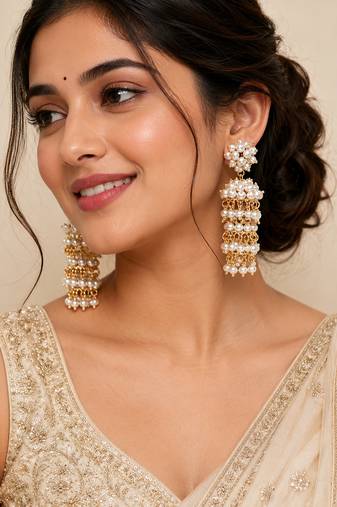 Pearl cluster tiered drop earrings, white and gold