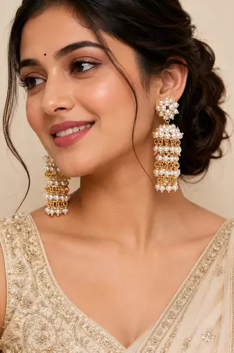 Pearl cluster tiered drop earrings, white and gold