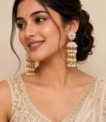 Pearl cluster tiered drop earrings, white and gold
