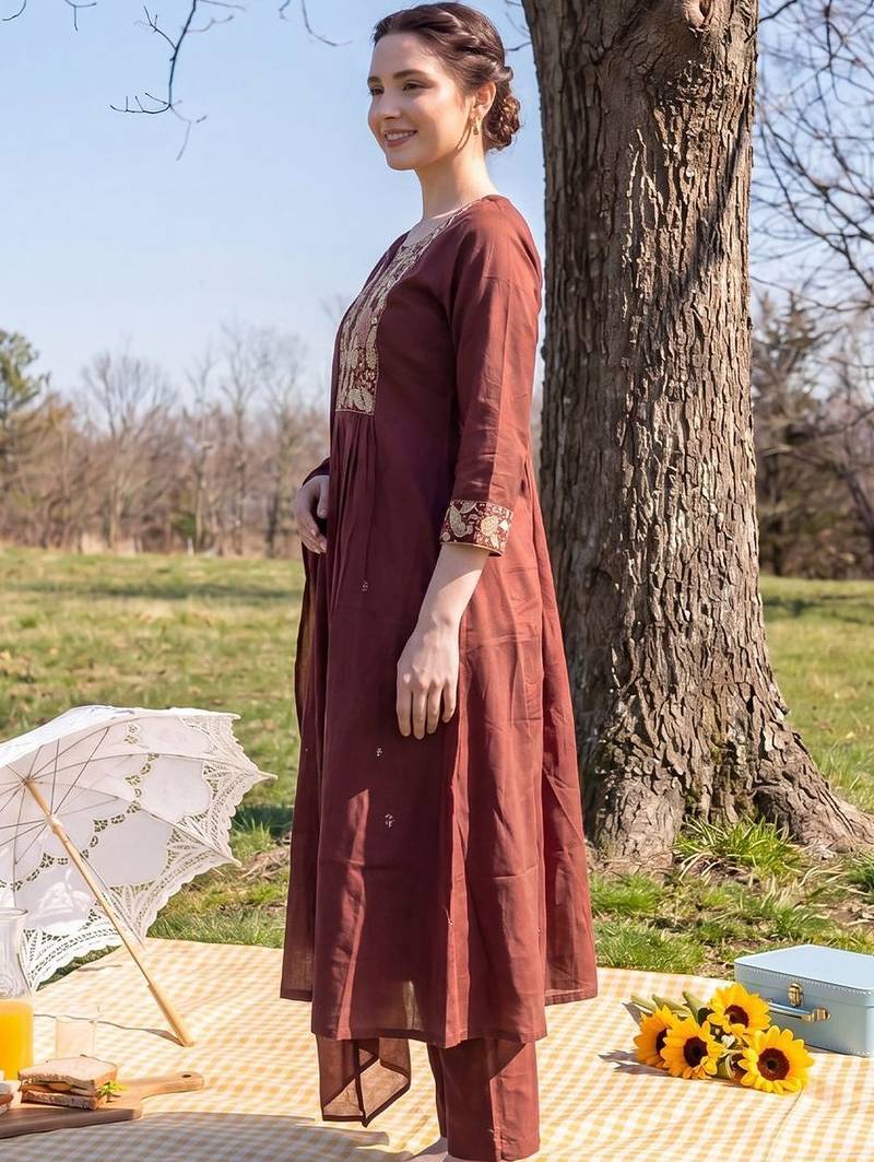 Women Ethnic Motifs Embroidered Regular Thread Work  Cotton Kurta with Trousers & With Dupatta