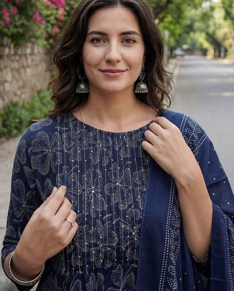 Women Ethnic Motifs Printed Regular Beads and Stones  Cotton Kurta with Trousers & With Dupatta