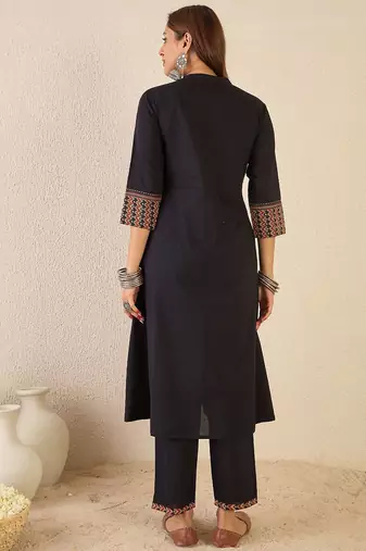 Ethnic Motifs Printed Mandarin Collar A Line  Cotton Kurta With Trousers