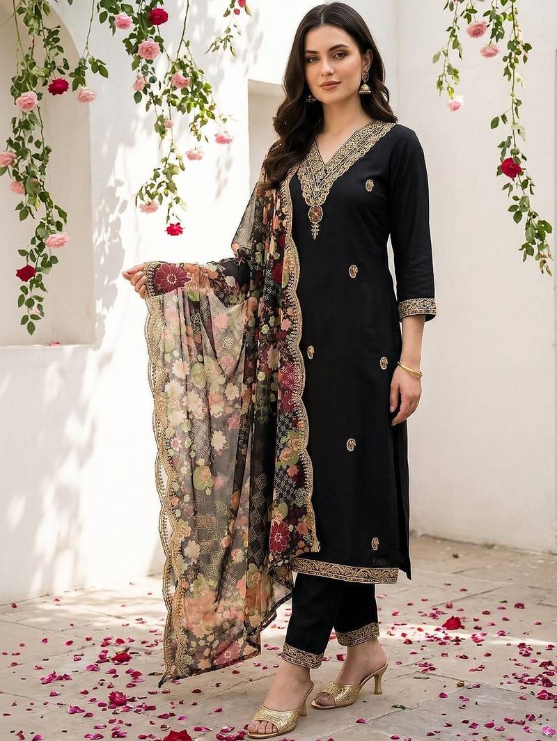 Women Floral Embroidered Regular Thread Work Kurta with Trousers & With Dupatta