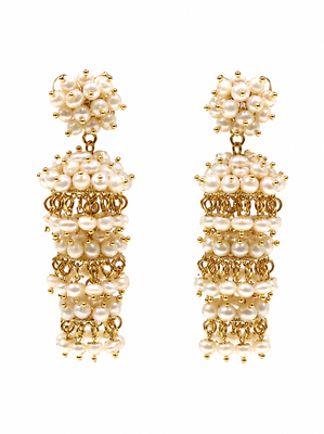 Pearl cluster tiered drop earrings, white and gold 3