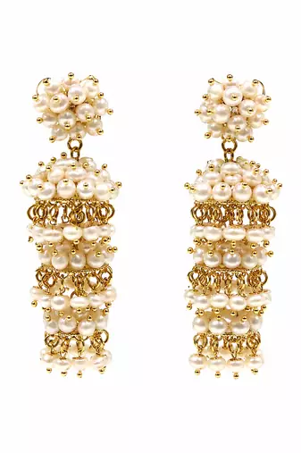 Pearl cluster tiered drop earrings, white and gold