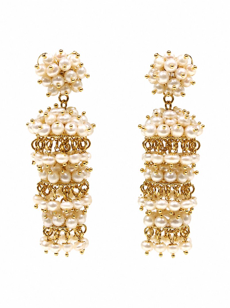 Pearl cluster tiered drop earrings, white and gold
