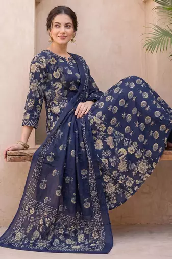 Women Floral Printed Regular  Cotton Kurta with Trousers & With Dupatta