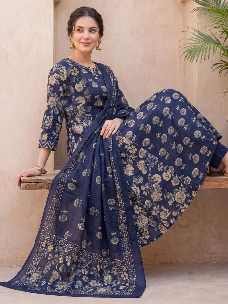 Women Floral Printed Regular  Cotton Kurta with Trousers & With Dupatta