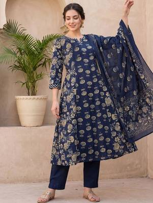 Women Floral Printed Regular  Cotton Kurta with Trousers & With Dupatta 6