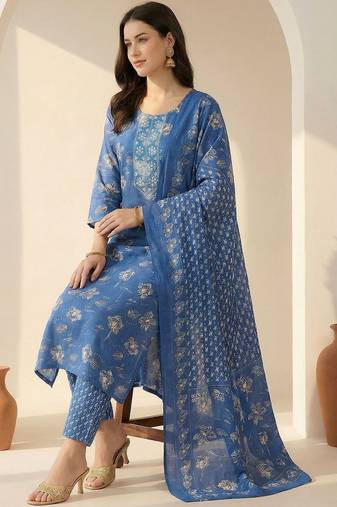 Women Floral Printed Mirror Work Kurta with Trousers & With Dupatta