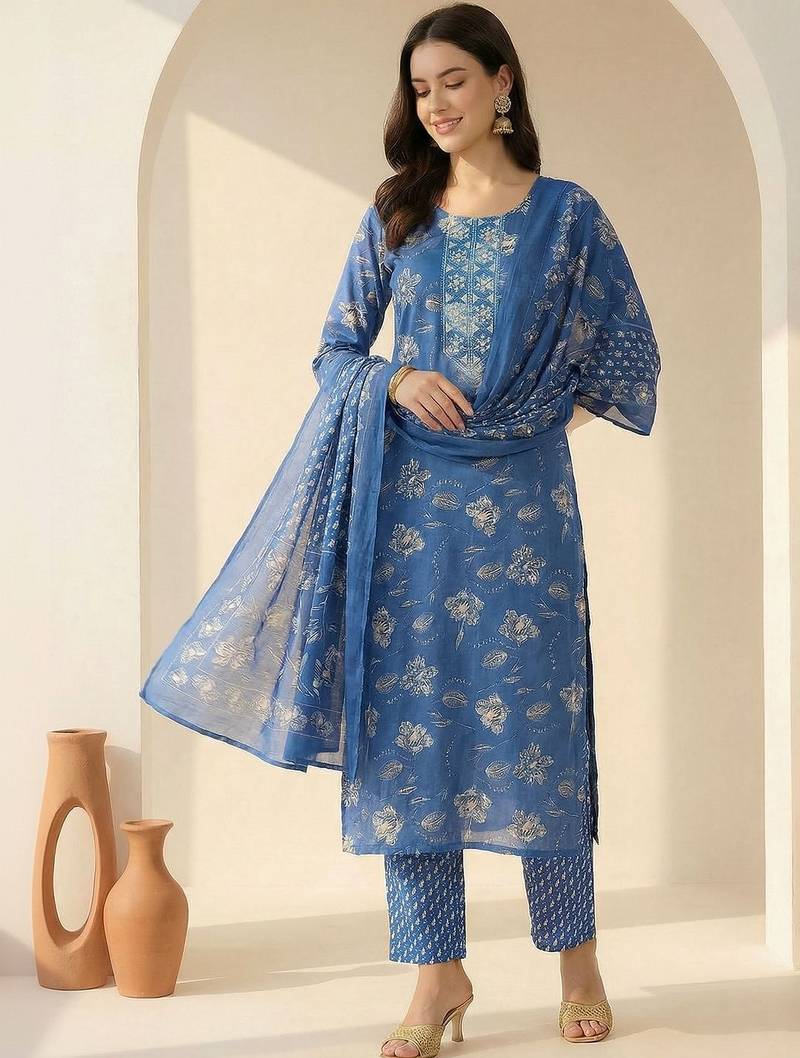 Women Floral Printed Regular Mirror Work Kurta with Trousers & With Dupatta