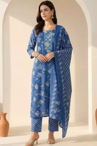 Women Floral Printed Regular Mirror Work Kurta with Trousers & With Dupatta