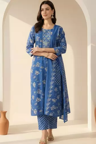 Women Floral Printed Regular Mirror Work Kurta with Trousers & With Dupatta