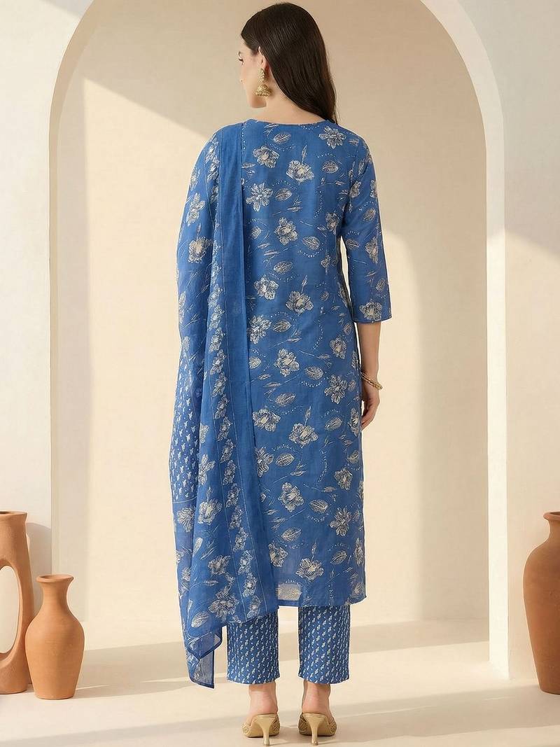 Women Floral Printed Regular Mirror Work Kurta with Trousers & With Dupatta