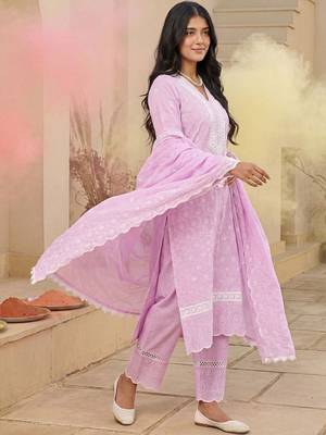 Women Embroidered Regular Chikankari  Cotton Kurta with Trousers & With Dupatta 1