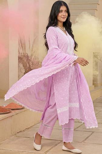 Women Embroidered Chikankari Cotton Kurta with Trousers & With Dupatta