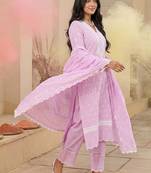 Women Embroidered Regular Chikankari  Cotton Kurta with Trousers & With Dupatta