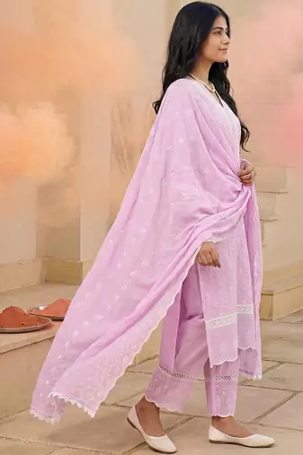 Women Embroidered Regular Chikankari  Cotton Kurta with Trousers & With Dupatta