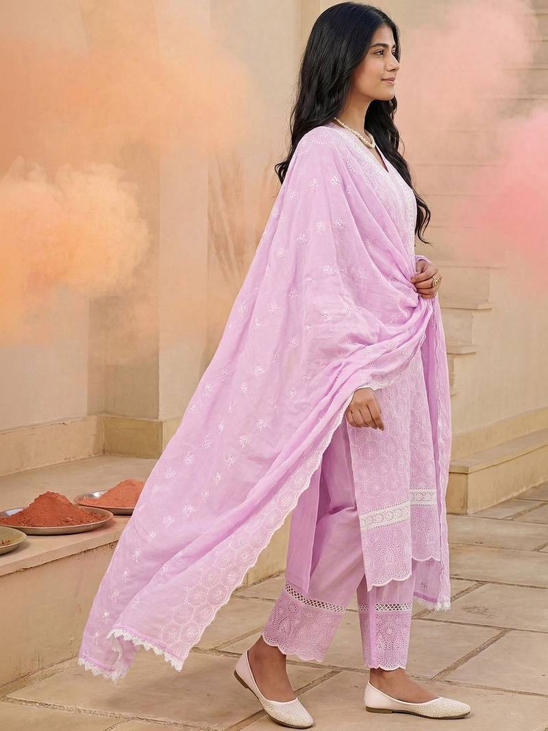 Women Embroidered Regular Chikankari  Cotton Kurta with Trousers & With Dupatta