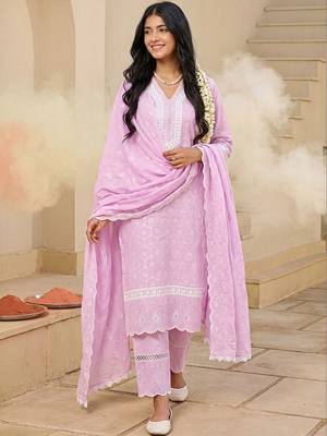 Women Embroidered Regular Chikankari  Cotton Kurta with Trousers & With Dupatta 3