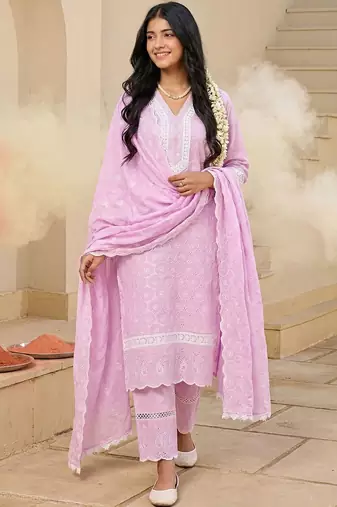 Women Embroidered Regular Chikankari  Cotton Kurta with Trousers & With Dupatta
