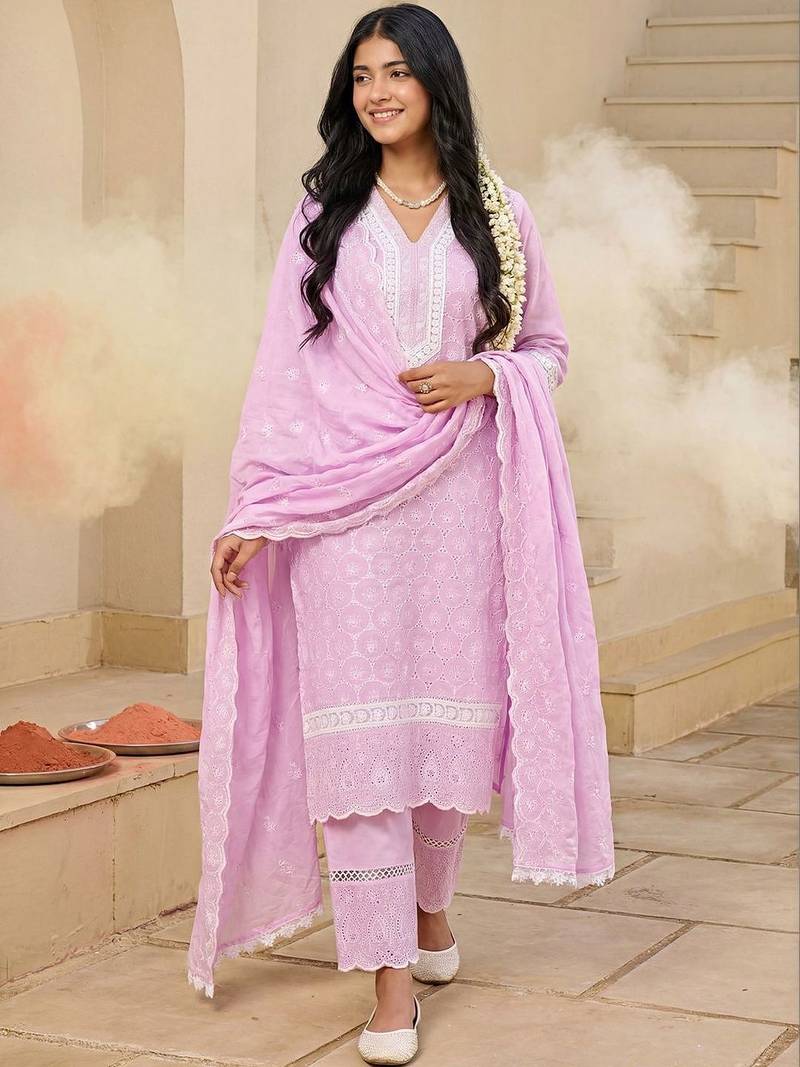Women Embroidered Regular Chikankari  Cotton Kurta with Trousers & With Dupatta