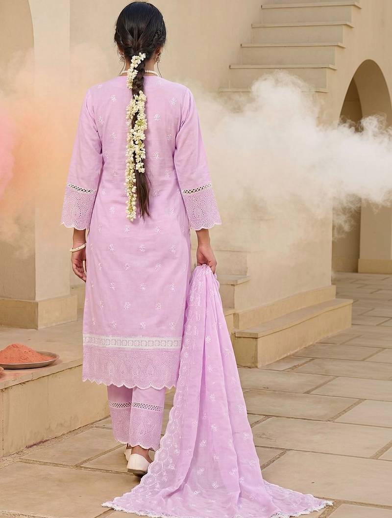 Women Embroidered Regular Chikankari  Cotton Kurta with Trousers & With Dupatta