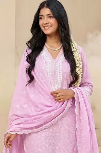 Women Embroidered Regular Chikankari  Cotton Kurta with Trousers & With Dupatta