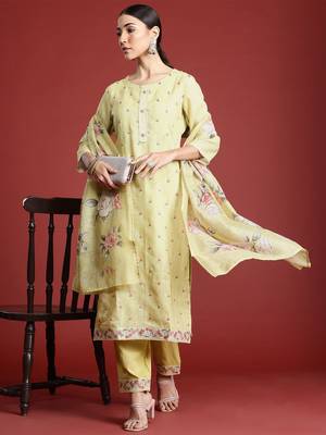 Floral Embroidered Thread Work Linen Kurta with Trousers & With Dupatta 1