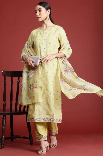 Floral Embroidered Thread Work Linen Kurta with Trousers & With Dupatta